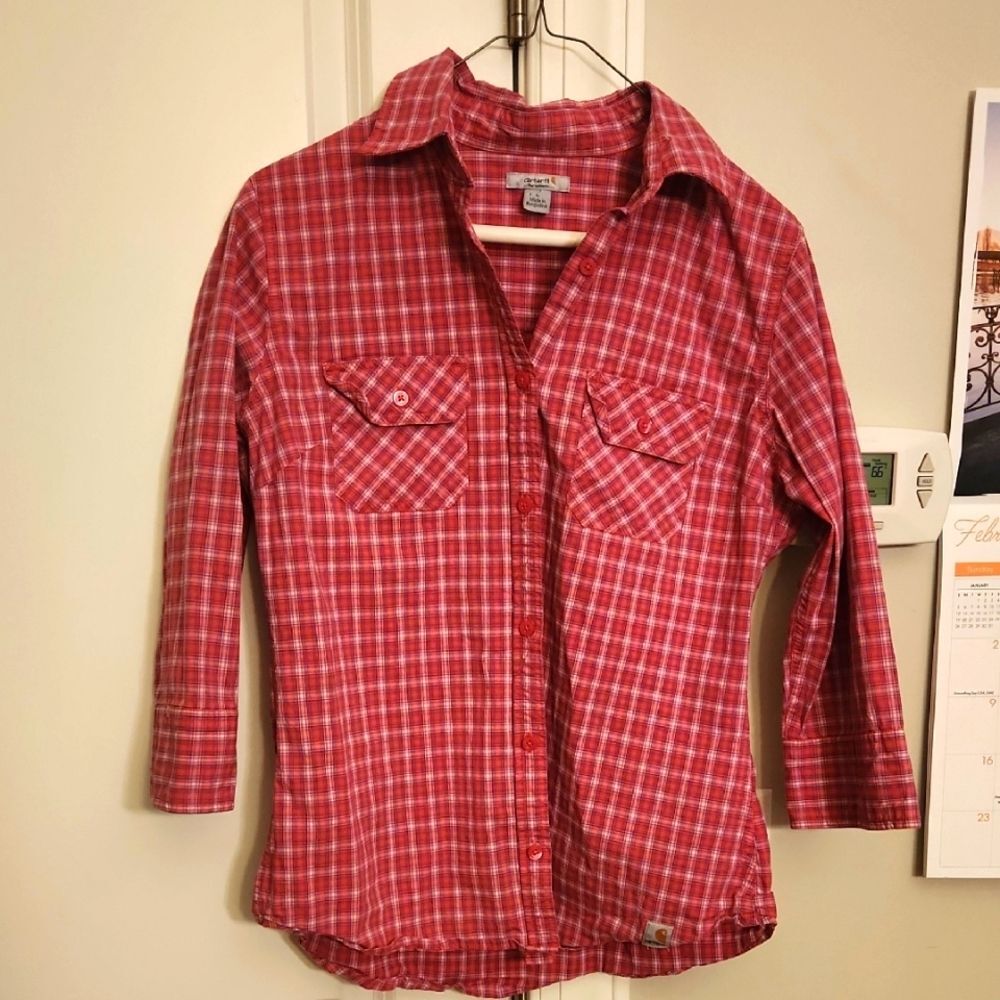 Carhartt for Women Red & Pink Plaid Button-Up 3/4 Sleeves Shirt Size L